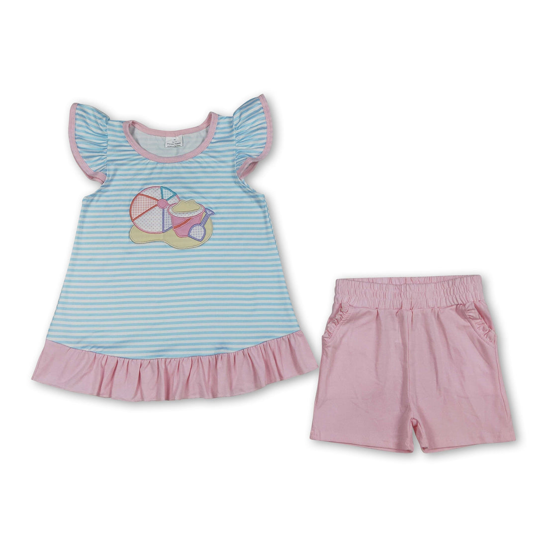 Girls summer set with beach ball sand embroidery top and shorts by Mini Rodeo, featuring short sleeves and playful design.