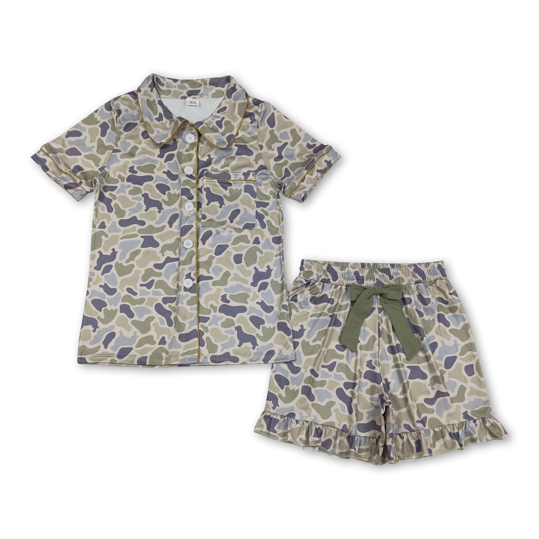 Women’s short sleeve camo summer pajamas set by Mini Rodeo, featuring button-down design and comfortable fit.
