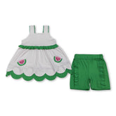 Pink stripe watermelon scallop girl’s shorts set with ruffle details, short sleeves top and matching shorts by Mini Rodeo.