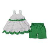 Pink stripe watermelon scallop tunic and ruffle shorts set for girls, featuring short sleeves, from Mini Rodeo.