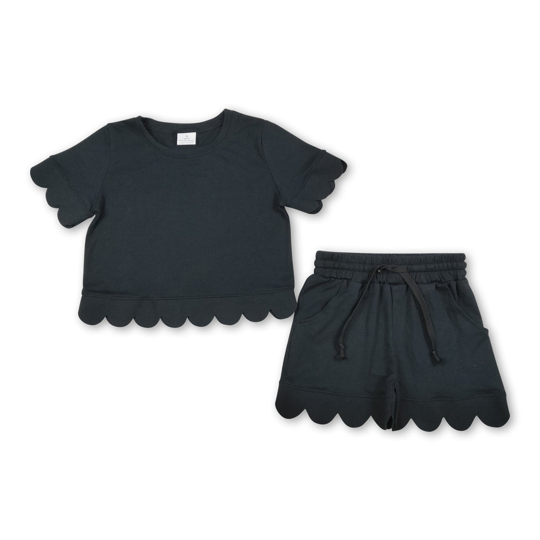 Black girl short sleeves scallop top and shorts set by Mini Rodeo, perfect for summer casual wear.