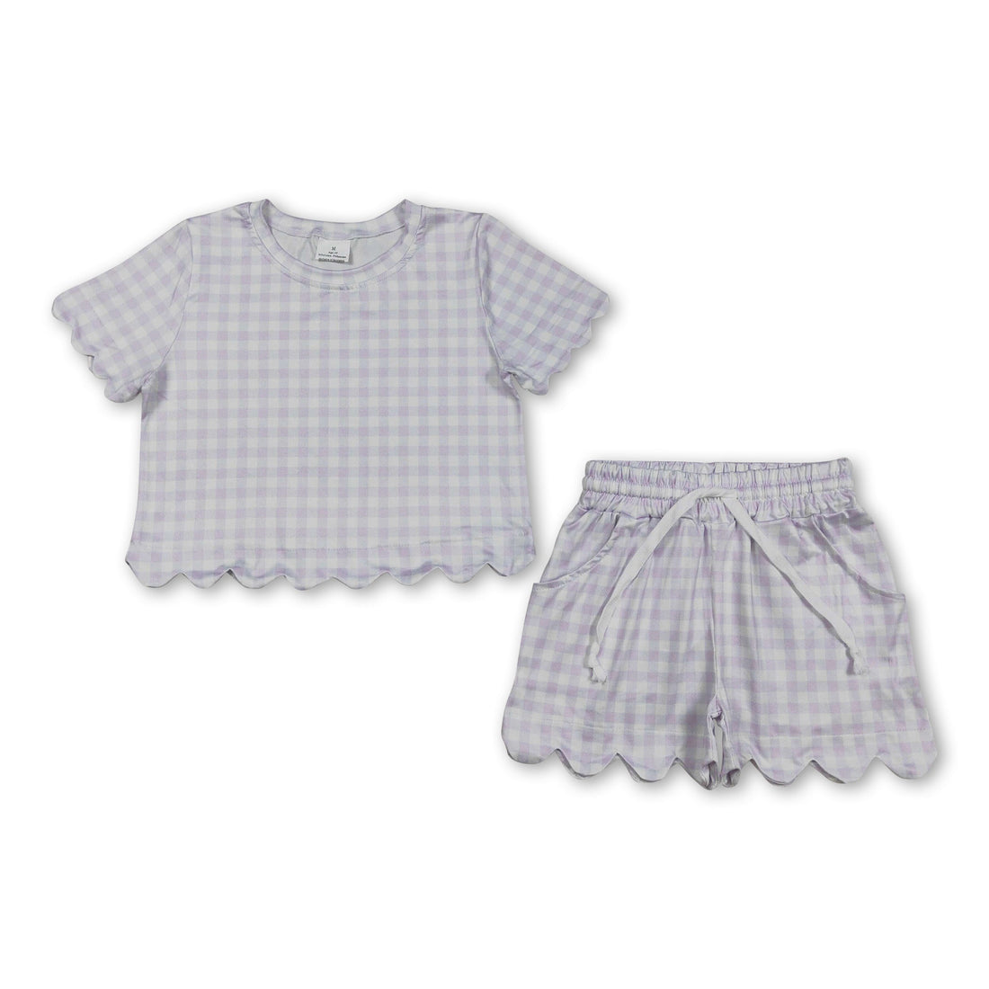 Girls lavender plaid scallop top and shorts set by Mini Rodeo, summer outfit with short sleeves and scalloped details.