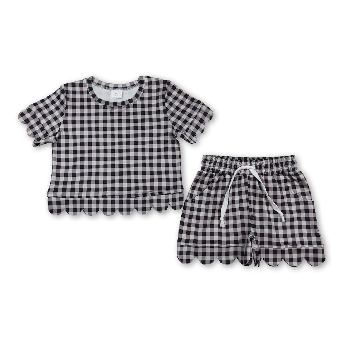 Black plaid scallop top and shorts set for girls, summer outfit by Mini Rodeo, featuring short sleeves and scalloped details.