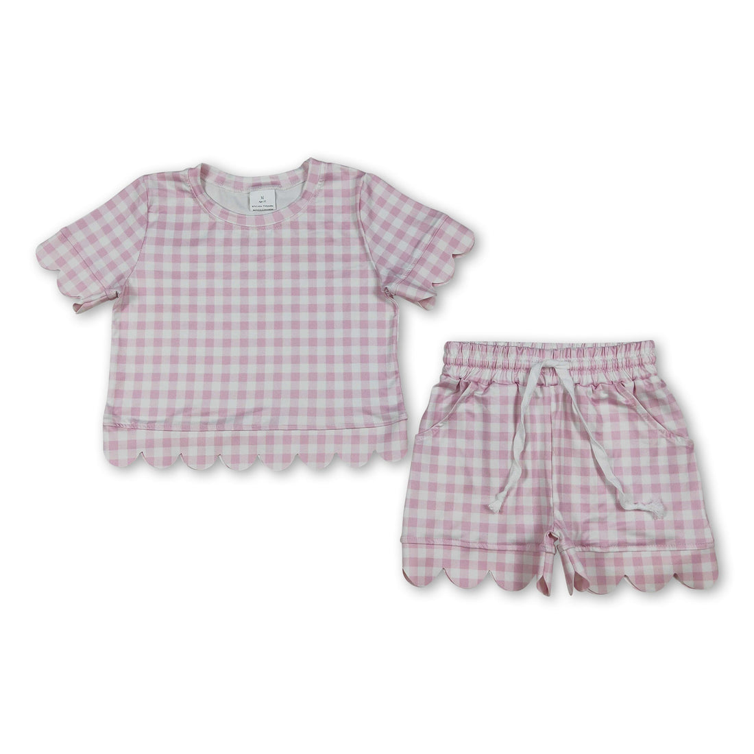 Pink plaid scallop top and shorts set for girls, summer outfit by Mini Rodeo, featuring short sleeves and scalloped details.