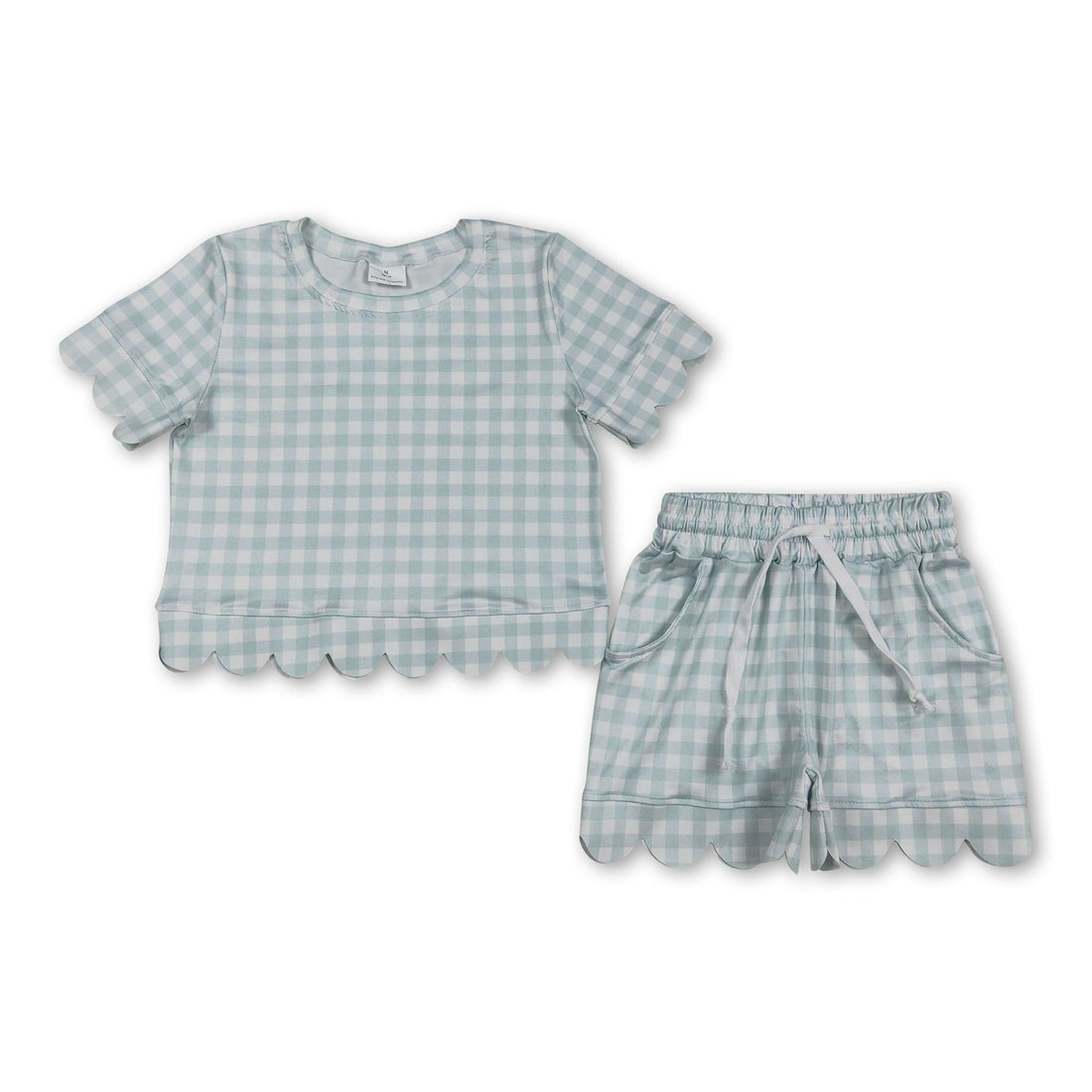 Sky blue plaid scallop top and shorts set for girls, summer outfit from Mini Rodeo featuring short sleeves and stylish design.