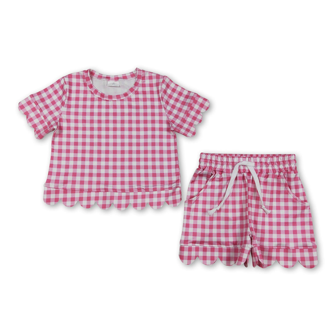 Hot pink plaid scallop top and shorts set for girls, summer outfit by Mini Rodeo featuring short sleeves and playful design.
