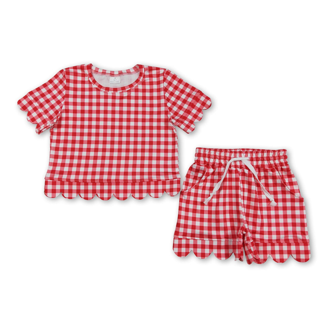 Red plaid scallop top and shorts set for girls, summer outfit by Mini Rodeo, featuring short sleeves and a stylish scalloped design.