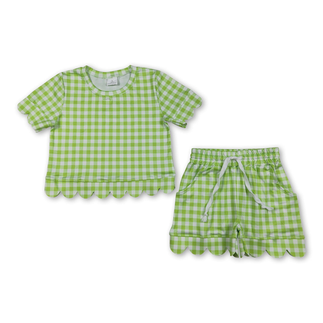 Lime green plaid scallop top and shorts set for girls, short sleeve summer outfit from Mini Rodeo, casual and stylish.