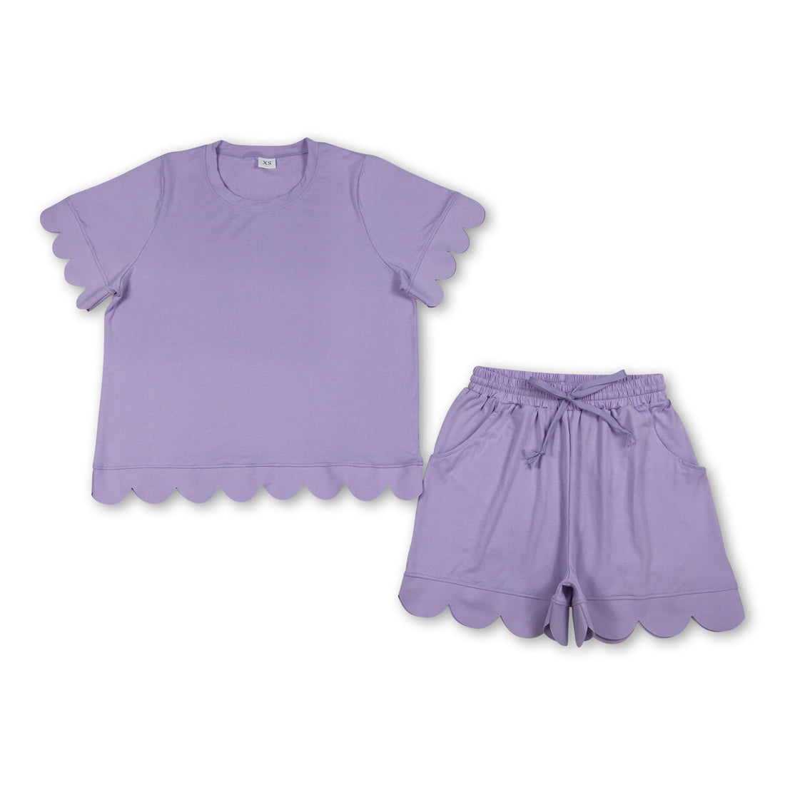 Lavender scallop top and shorts set for women, summer outfit by Mini Rodeo, featuring stylish scalloped details and lightweight fabric.