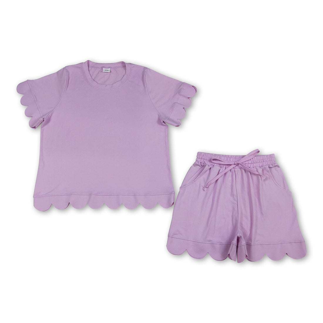 Women’s summer outfit by Mini Rodeo featuring solid scallop top and shorts set for adults, perfect for warm-weather wear.