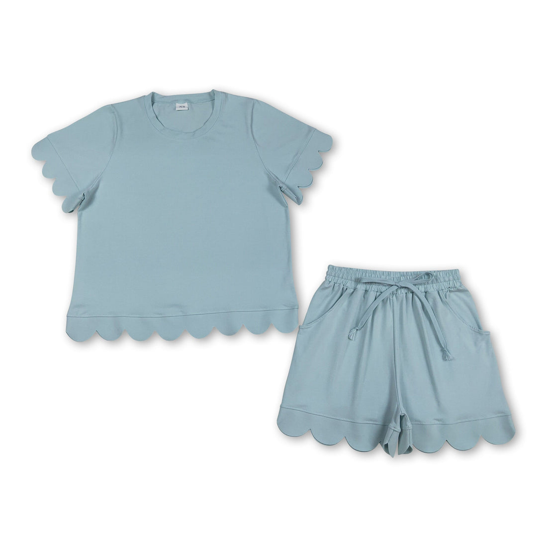 Sky blue scallop top and shorts set for women, summer outfit by Mini Rodeo, casual and stylish for warm weather.
