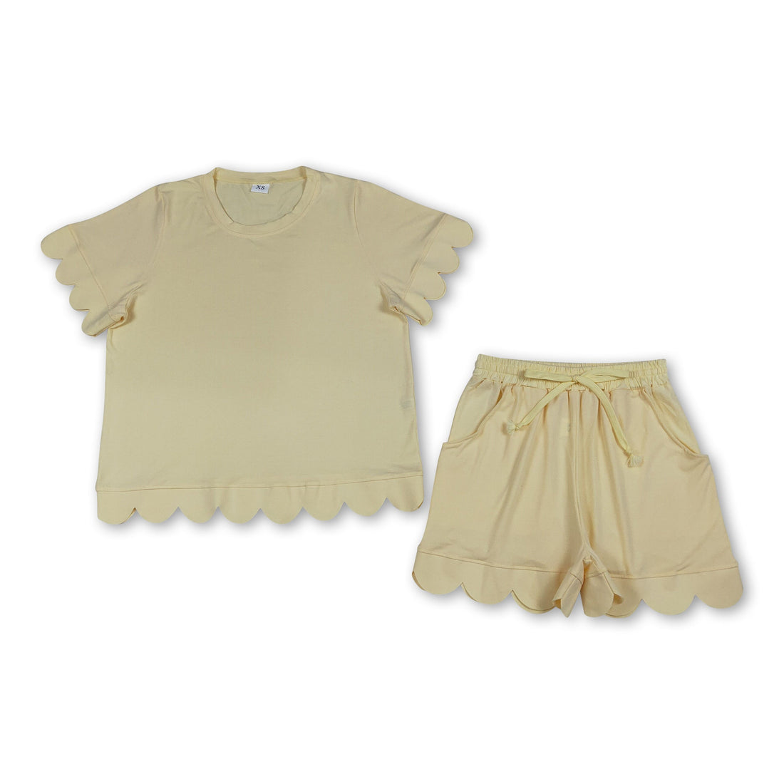 Yellow scallop top and shorts set for women, adult summer outfit by Mini Rodeo, featuring a stylish scalloped design.