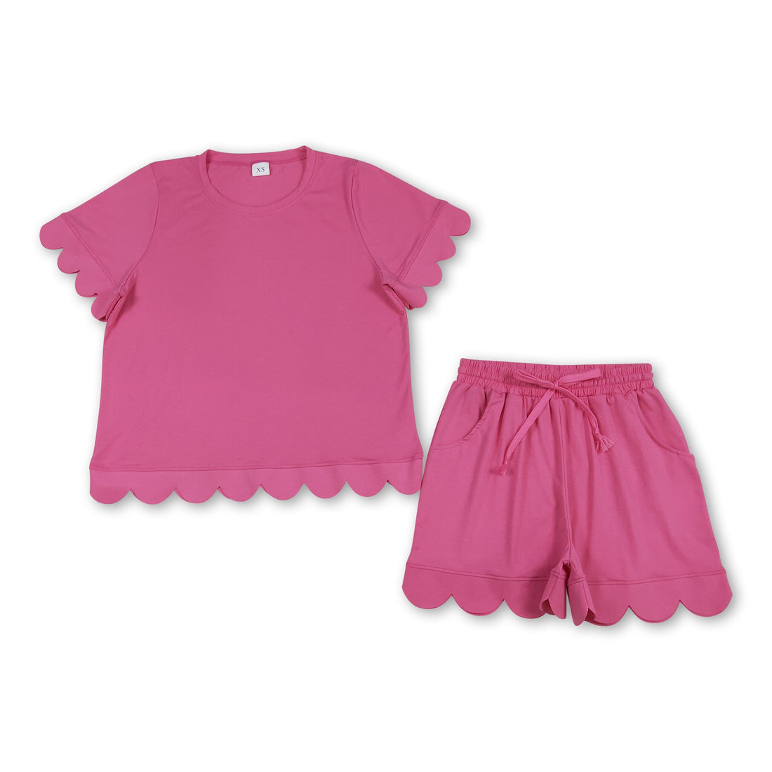 Hot pink scallop top and shorts set for women, stylish summer outfit by Mini Rodeo, perfect for warm weather and casual wear.