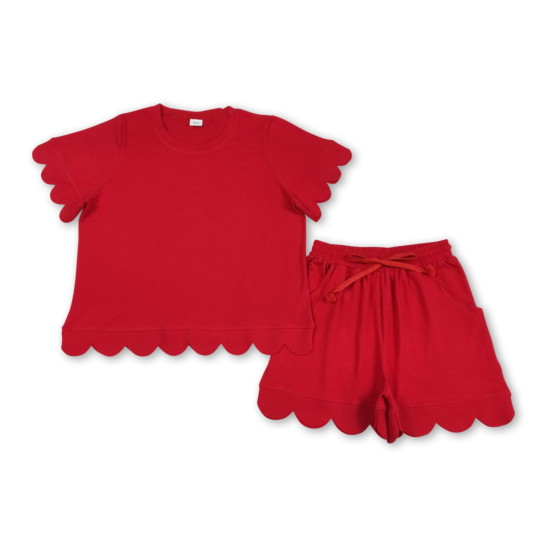 Red scallop top and shorts women’s summer set by Mini Rodeo, stylish and casual outfit for adult women.