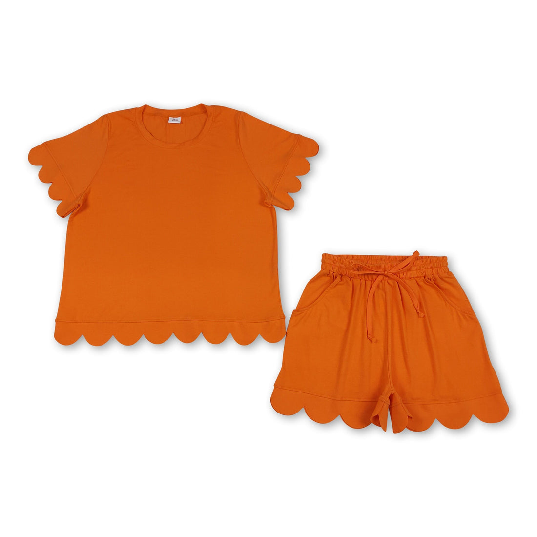 Orange scallop top and shorts set for women by Mini Rodeo, perfect for summer outfits, featuring a stylish scalloped design.