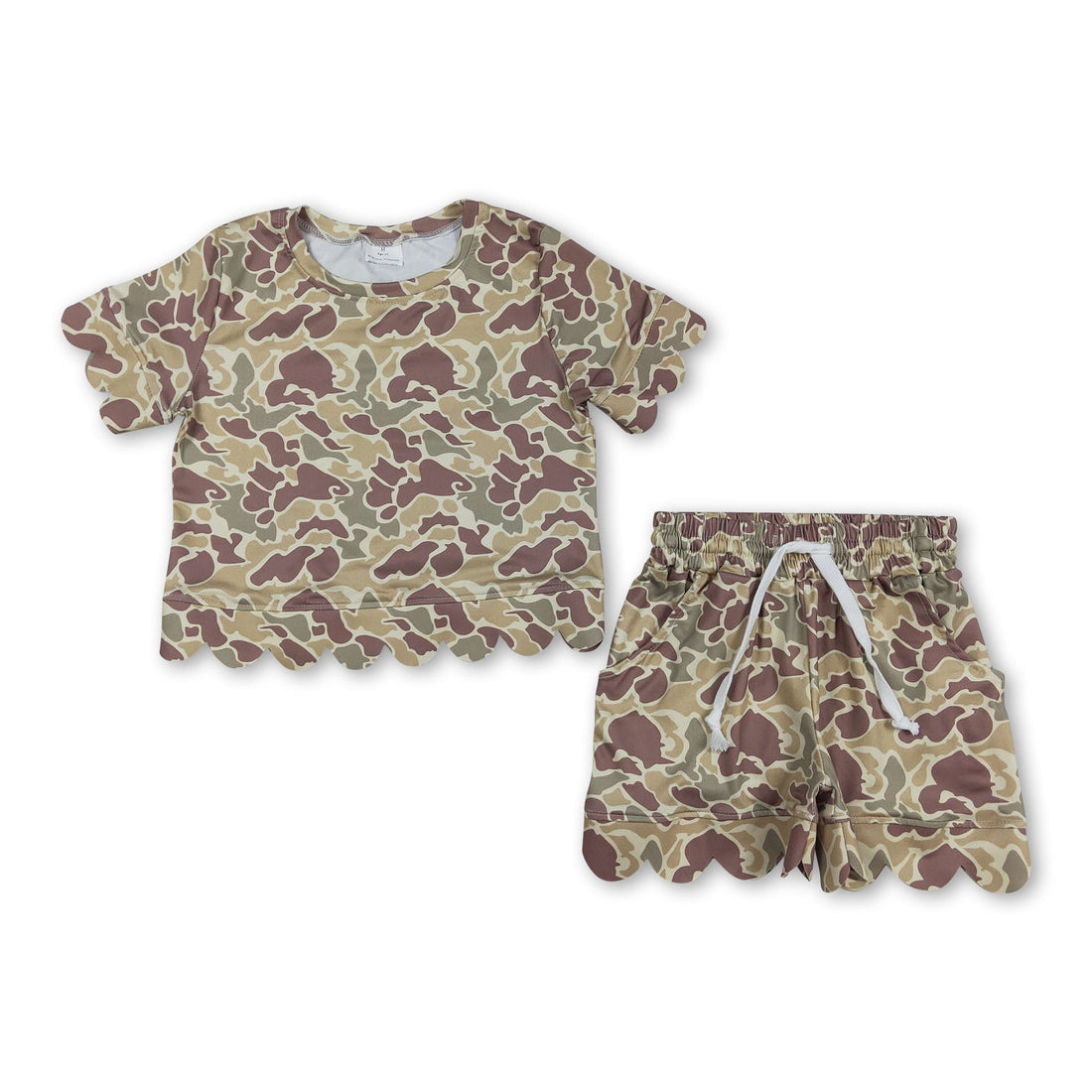 Girls short sleeves camo scallop top and shorts set by Mini Rodeo, perfect for summer, featuring a stylish camo pattern.