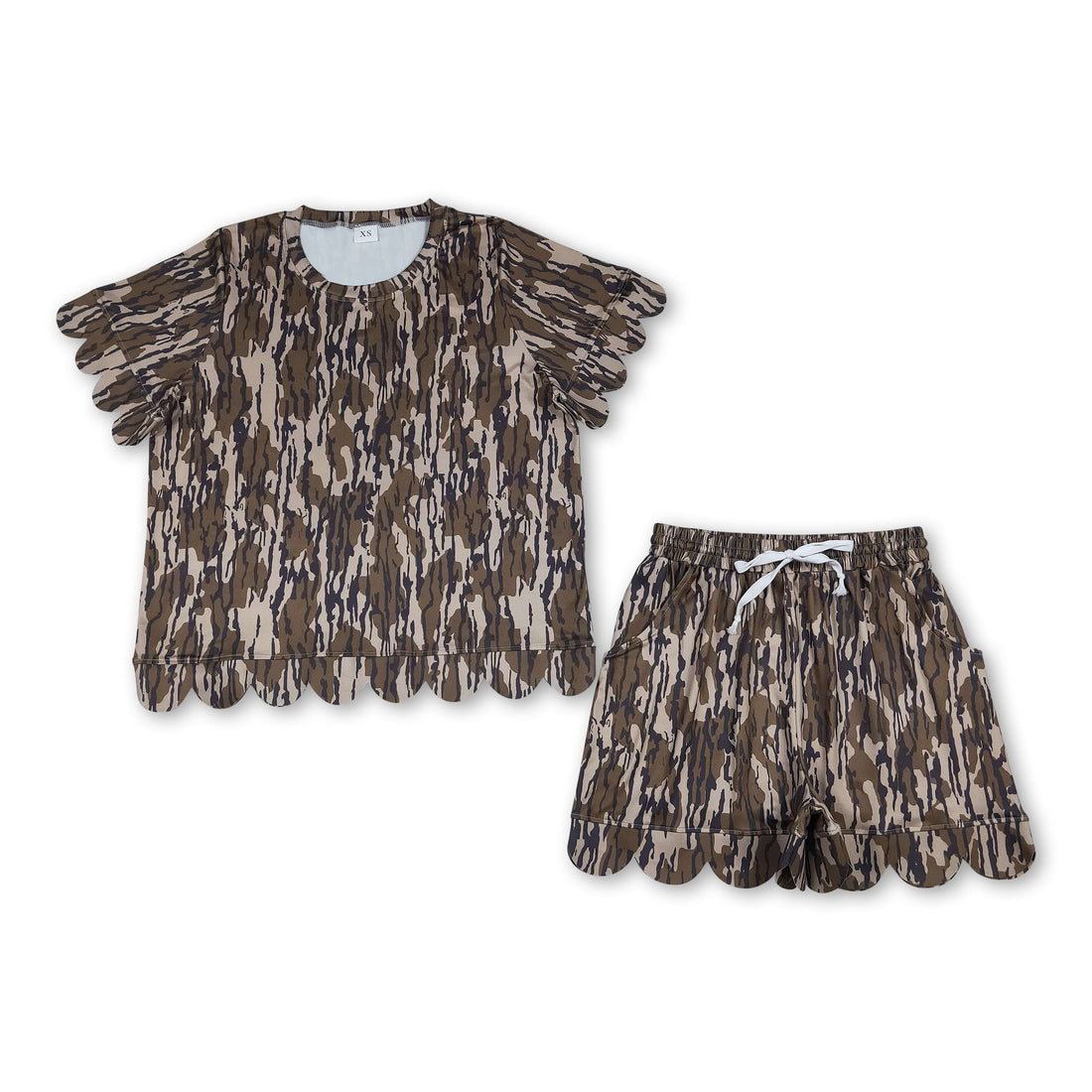 Women’s olive camo scallop top and shorts set by Mini Rodeo, perfect for summer casual outfits, featuring a trendy camo pattern.