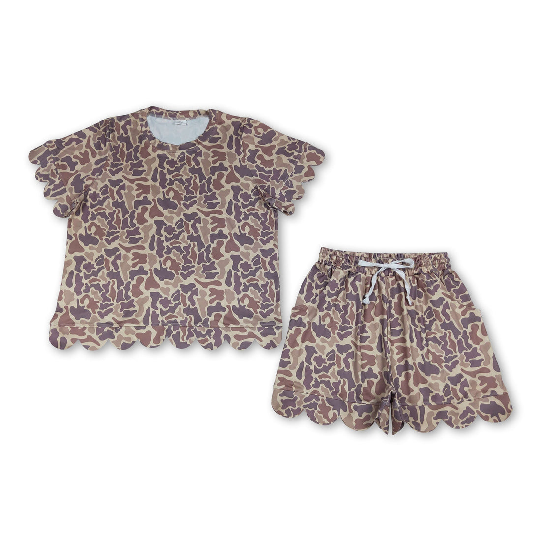 Women’s khaki camo scallop top and matching shorts set by Mini Rodeo, perfect for summer outfits and casual wear.