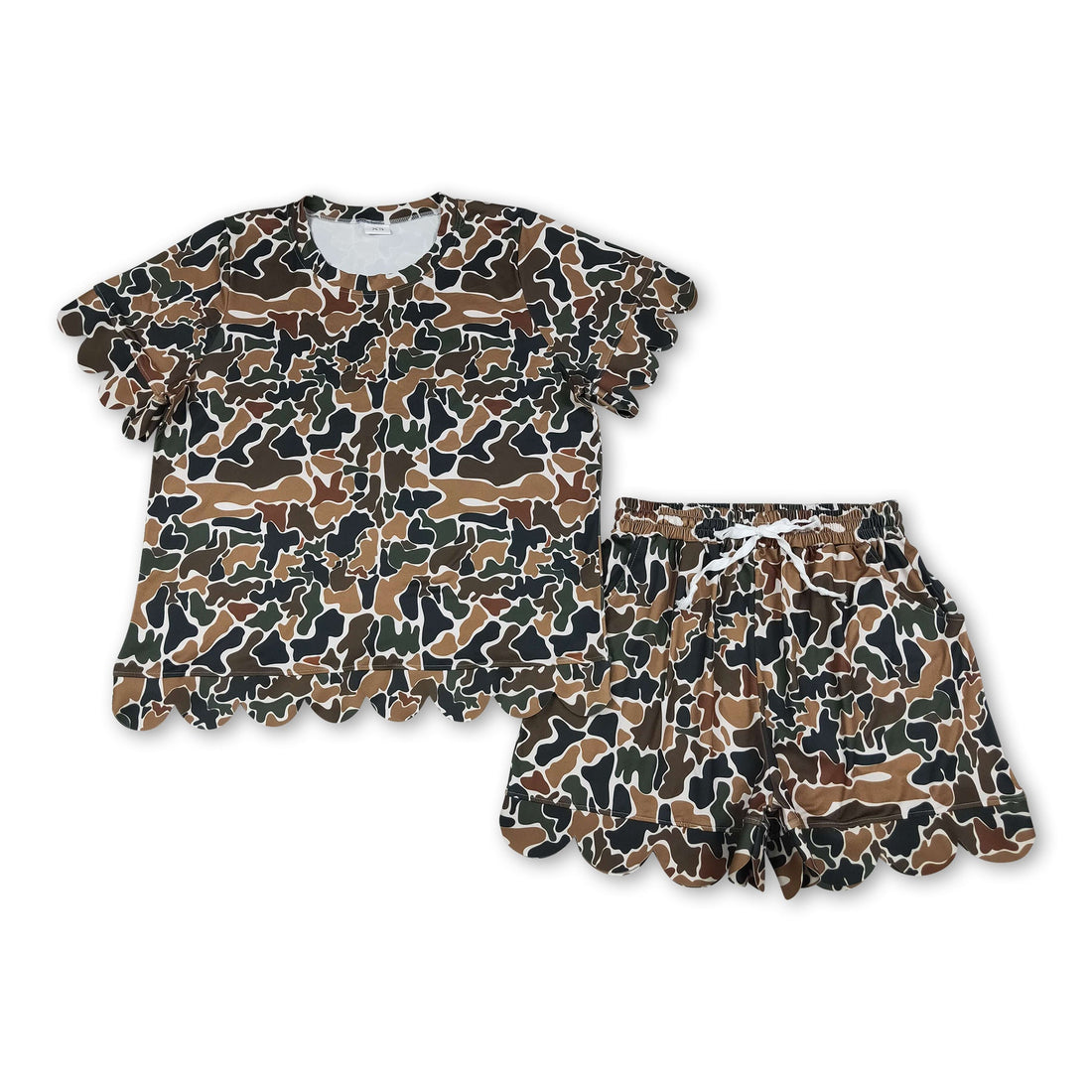 Brown camo scallop top and shorts set for women, summer outfit by Mini Rodeo, featuring stylish scalloped details and casual fit.