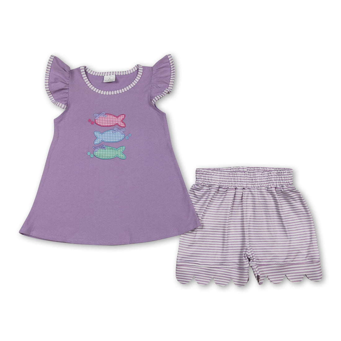 Mini Rodeo girl short sleeves fish bow top with flutter sleeves and scallop shorts, perfect for stylish girls&