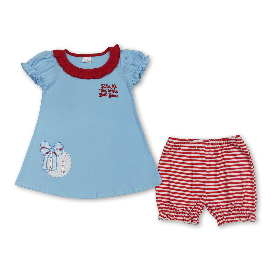 Girl short sleeves baseball bow tunic and striped shorts set by Mini Rodeo, casual summer outfit for girls.