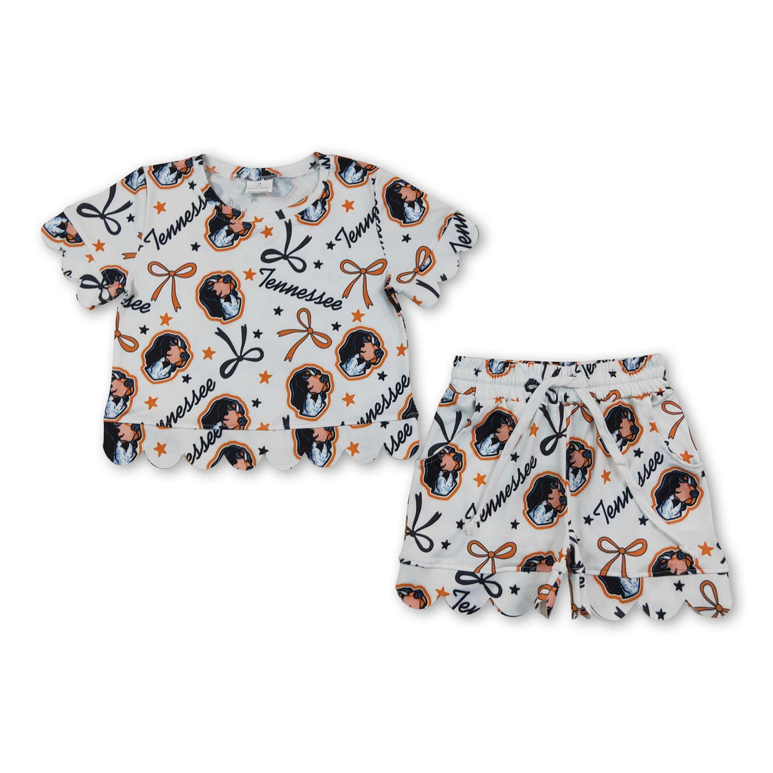 Short sleeves dog bow scallop girls team outfits
