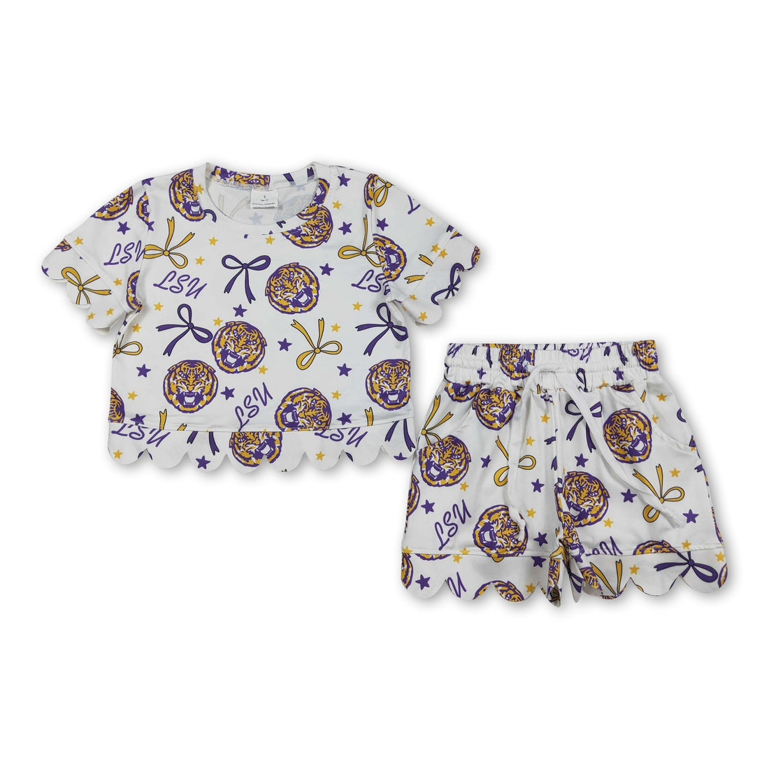 Mini Rodeo girl short sleeves top and shorts set with tiger bow scallop design, perfect for team outfits