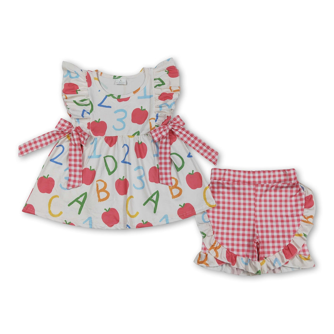 Mini Rodeo girl short sleeves top and plaid shorts set, ABC apple design, perfect back-to-school outfit for girls.
