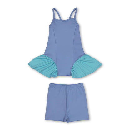 Straps light blue patchwork athletic dress shorts girls active set