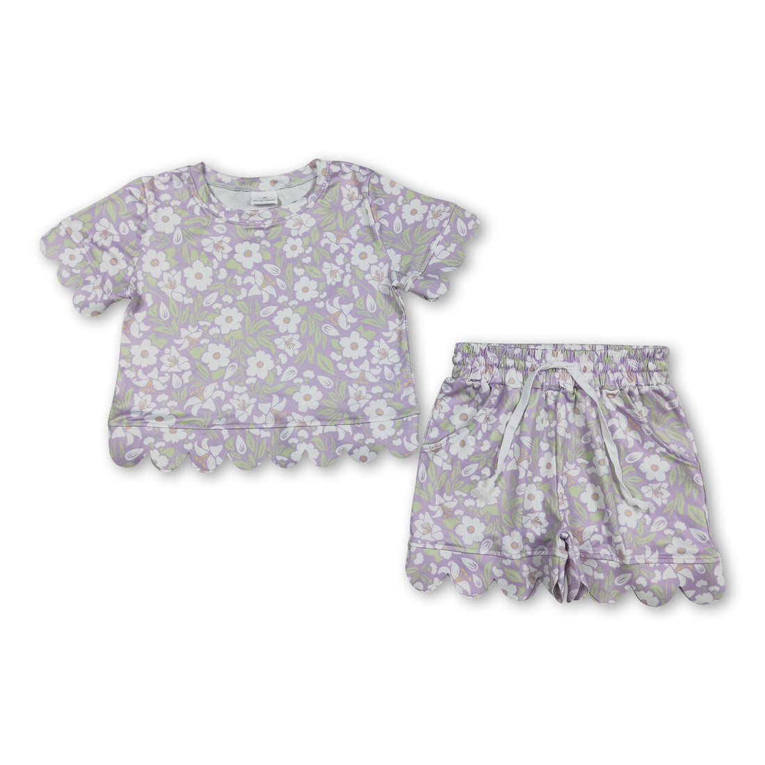 Lavender white floral scallop girl summer clothes set with short sleeve top and shorts by Mini Rodeo