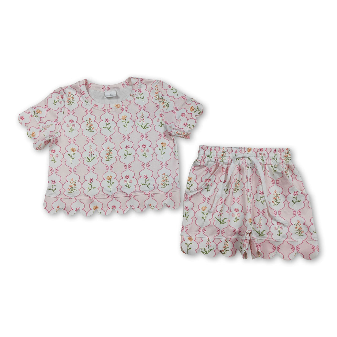 Pink floral scallop girl short sleeves top and shorts set by Mini Rodeo, perfect for summer kids&
