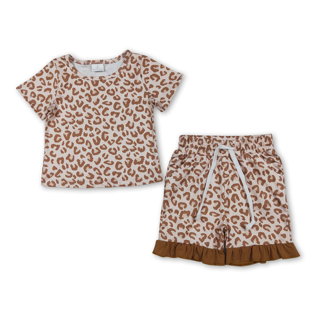 Girl short sleeves leopard top and ruffle shorts set by Mini Rodeo, casual outfit with trendy animal print and ruffle details.