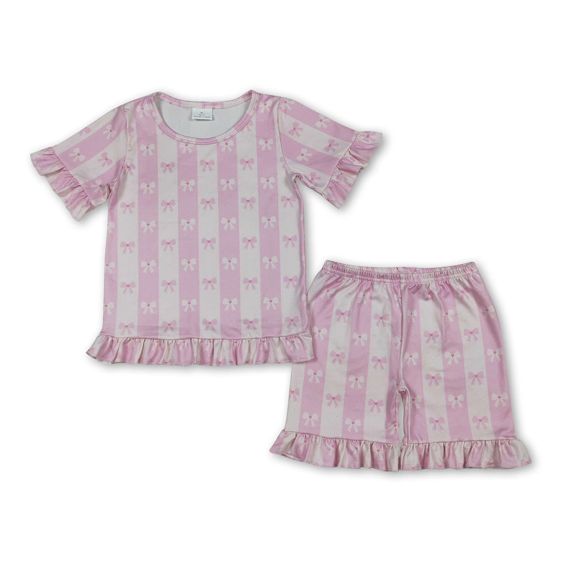 Pink striped girl short sleeves top and shorts set from Mini Rodeo, perfect for kids&