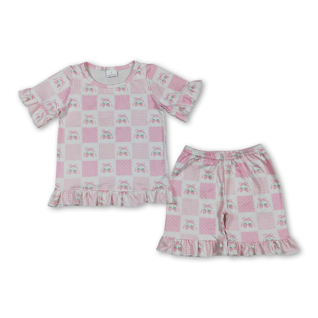 Pink strawberry-themed girl short sleeves top and shorts set by Mini Rodeo, featuring a bow detail and comfortable casual style.