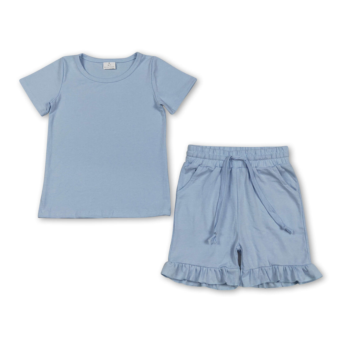 Light blue cotton girl’s short sleeves top with ruffle shorts from Mini Rodeo, perfect for casual summer outfits.