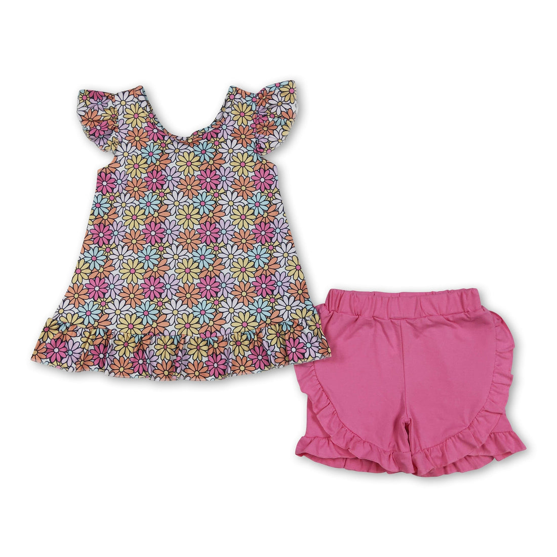 Girls floral flutter sleeves top and ruffle shorts set by Mini Rodeo, featuring a short-sleeve top and matching shorts with a playful design.