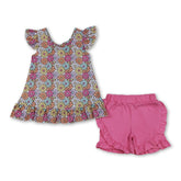 Girls floral flutter sleeves top and ruffle shorts set by Mini Rodeo, featuring a short-sleeve top and matching shorts with a playful design.