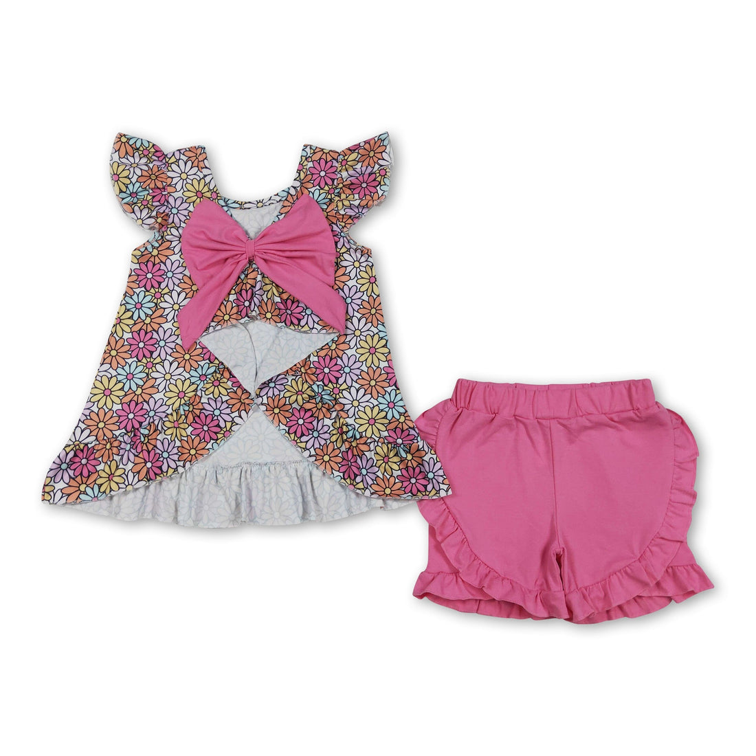 Mini Rodeo girls’ floral flutter sleeves top and ruffle shorts set, featuring short sleeves and a playful, colorful design.