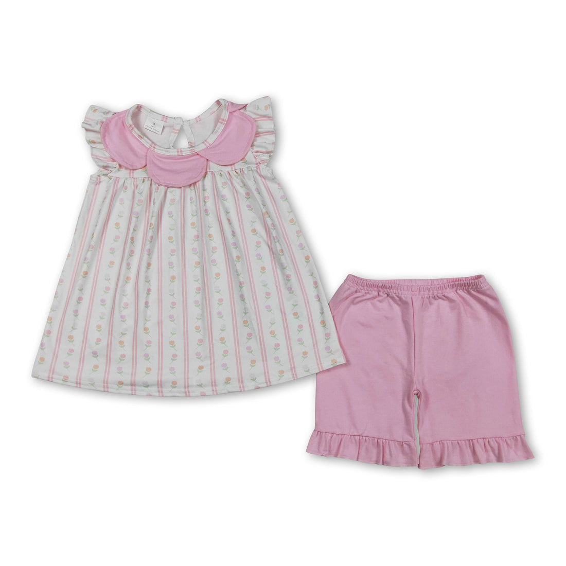 Pink floral tunic with flutter sleeves and ruffle shorts for girls, Mini Rodeo girl short sleeves top and shorts set.