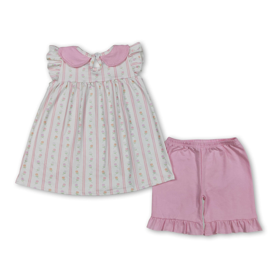 Pink floral girl’s short sleeves tunic with flutter sleeves and ruffle shorts, stylish Mini Rodeo girls’ outfit set.