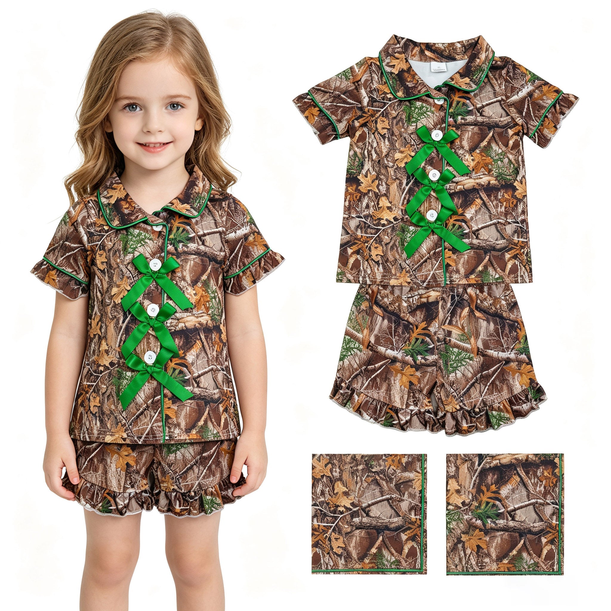 Short sleeves green bow camo girls button down pajamas set