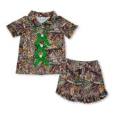 Green camo girl short sleeves button-down pajamas set with bow detail, includes top and shorts, by Mini Rodeo.