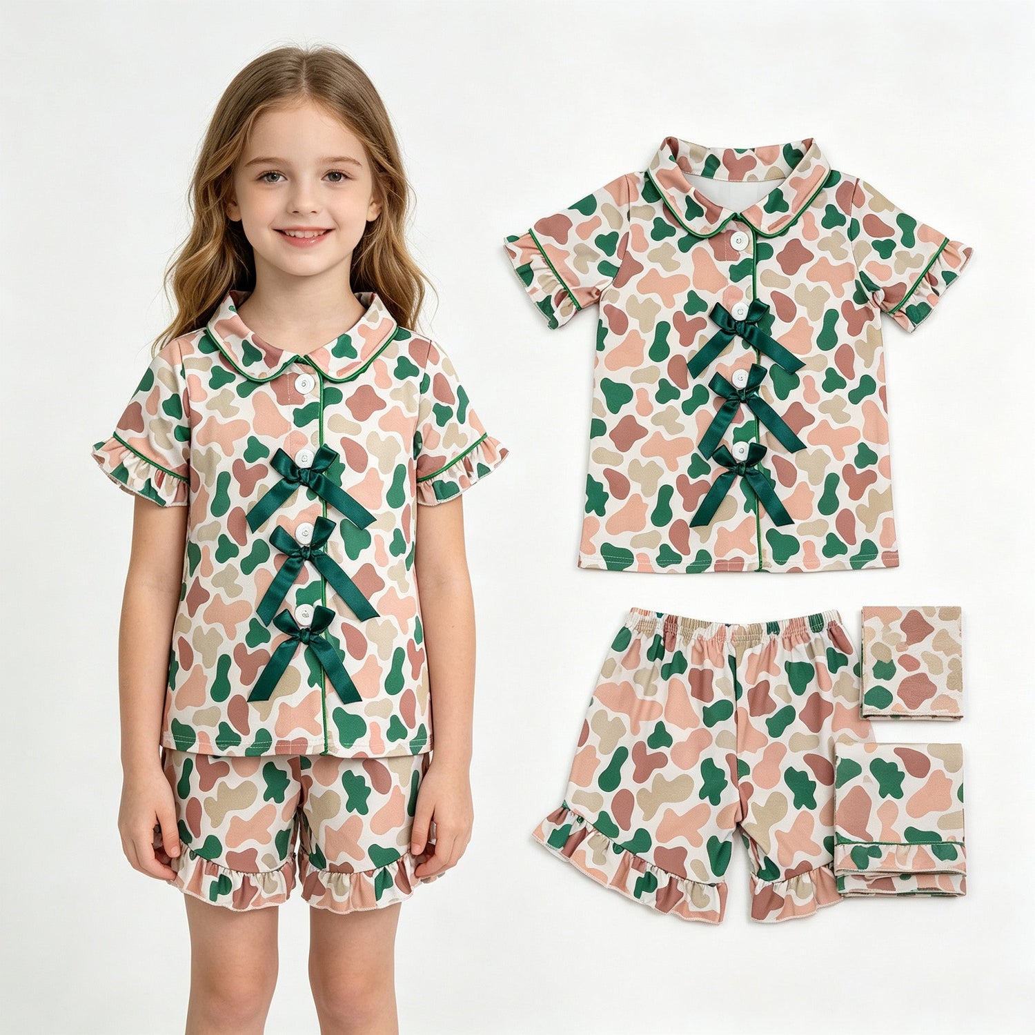 Short sleeves dark green bow camo girls button down pajamas set