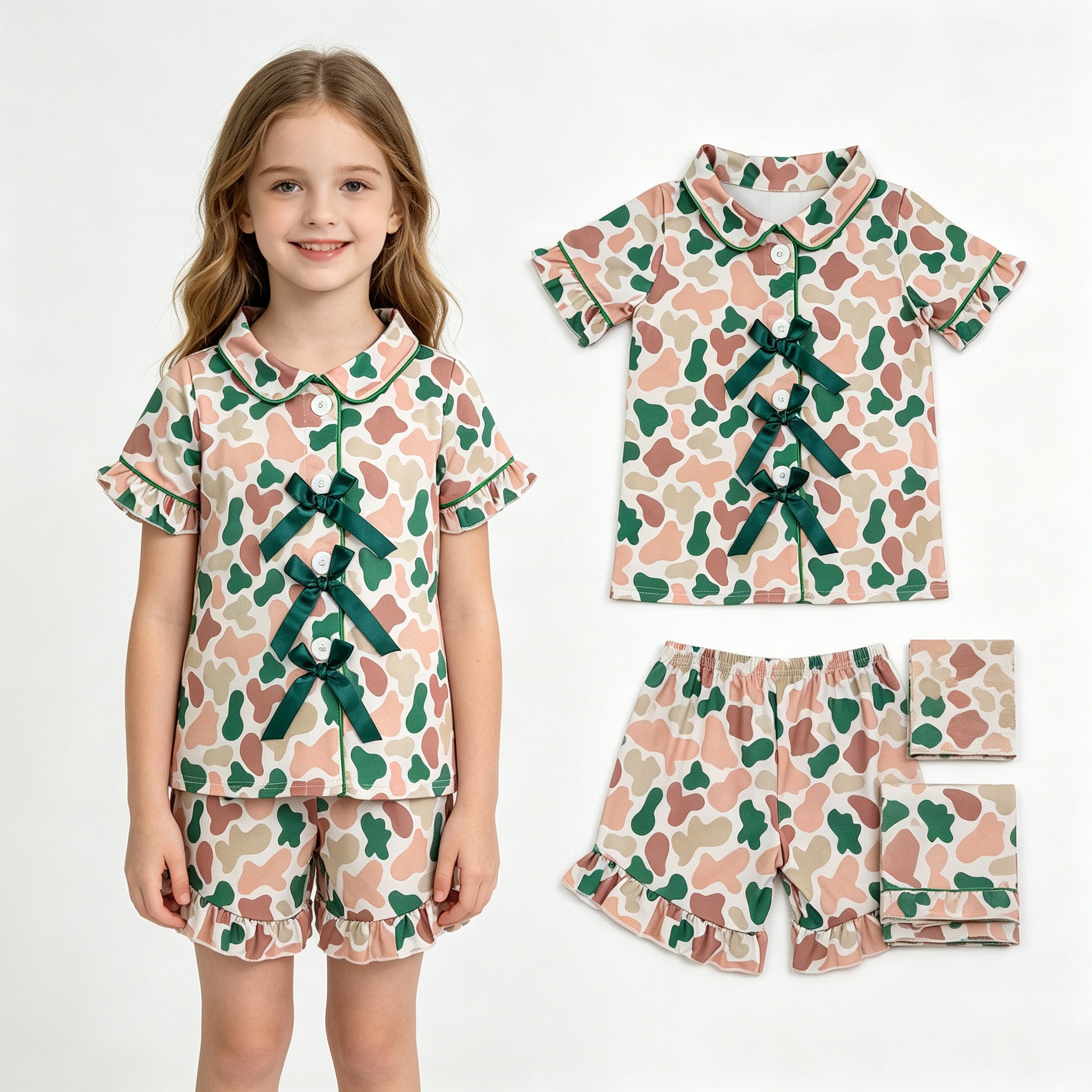 Short sleeves dark green bow camo girls button down pajamas set