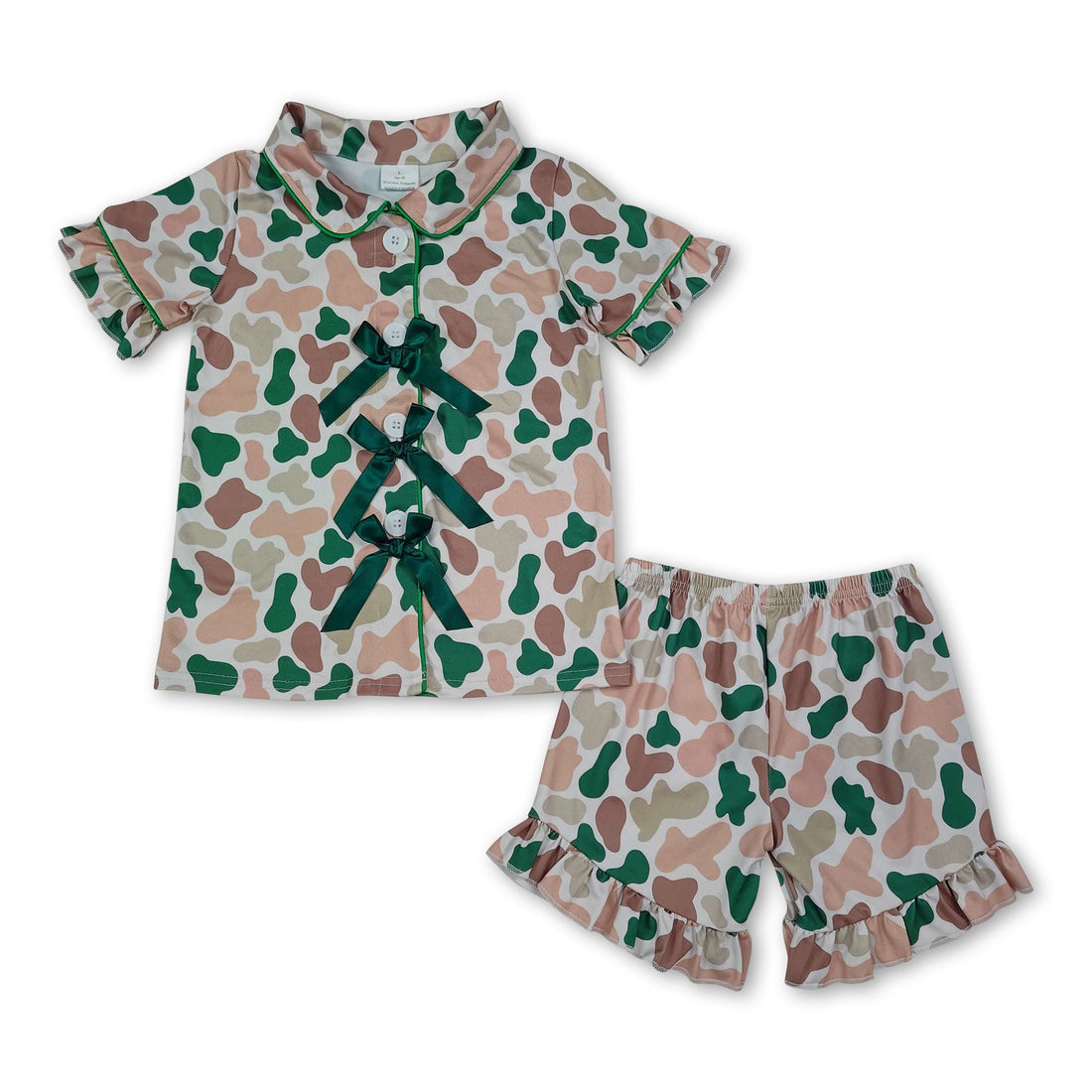 Dark green bow camo girl short sleeves pajamas set with button-down top and shorts from Mini Rodeo.