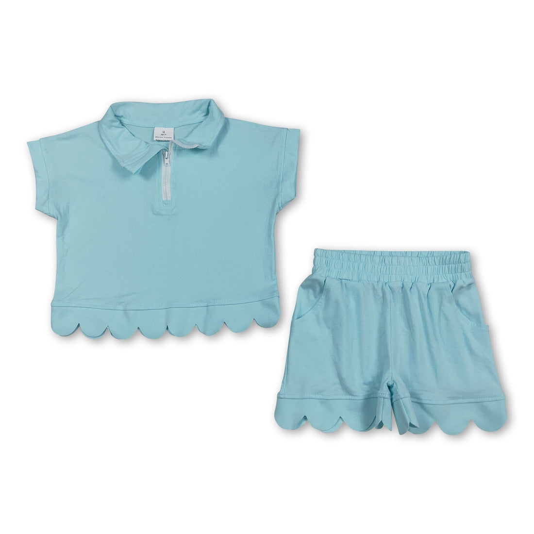 Mini Rodeo girl short sleeves scallop pullover and shorts set, casual summer outfit for girls, featuring a stylish scallop design.
