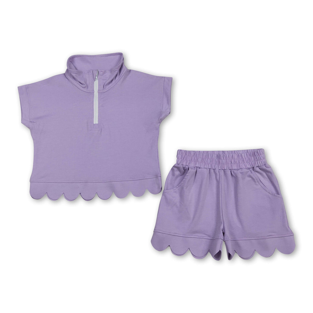 Mini Rodeo girl short sleeves scallop pullover and shorts set, lavender outfit with scalloped details for girls&