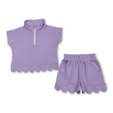 Mini Rodeo girl short sleeves scallop pullover and shorts set, lavender outfit with scalloped details for girls&