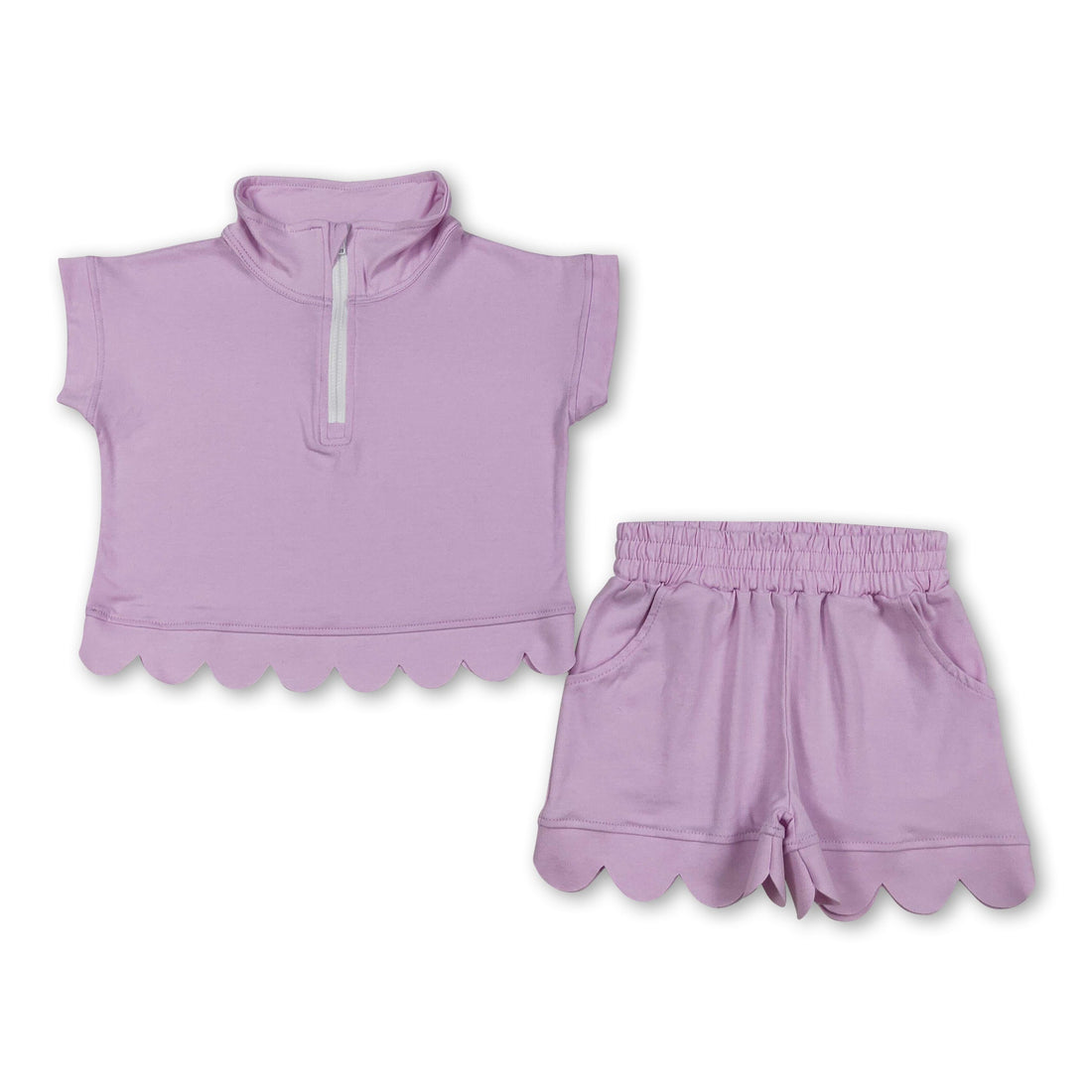 Mini Rodeo girl short sleeves scallop pullover and shorts set, casual summer outfit for girls with scalloped details.