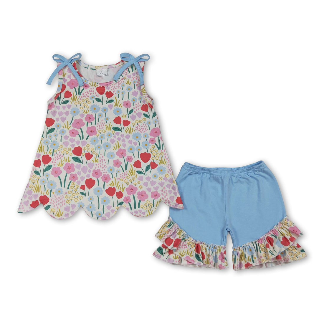 Light blue floral scallop sleeveless top and matching shorts set for girls by Mini Rodeo, perfect for warm weather and casual wear.